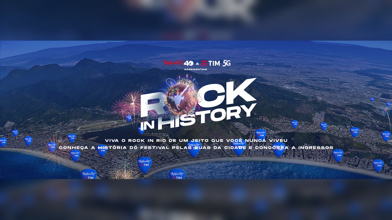 Key visual da campanha: logo Rock in History sobre vista aérea do Rio, palhetas Rock in Rio & TIM marcando pontos na cidade; 'Rock in Rio 40 & TIM 5G apresentam'